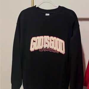 Black Crewneck Sweater with Pink-Trim 'Good Is Good' Graphic